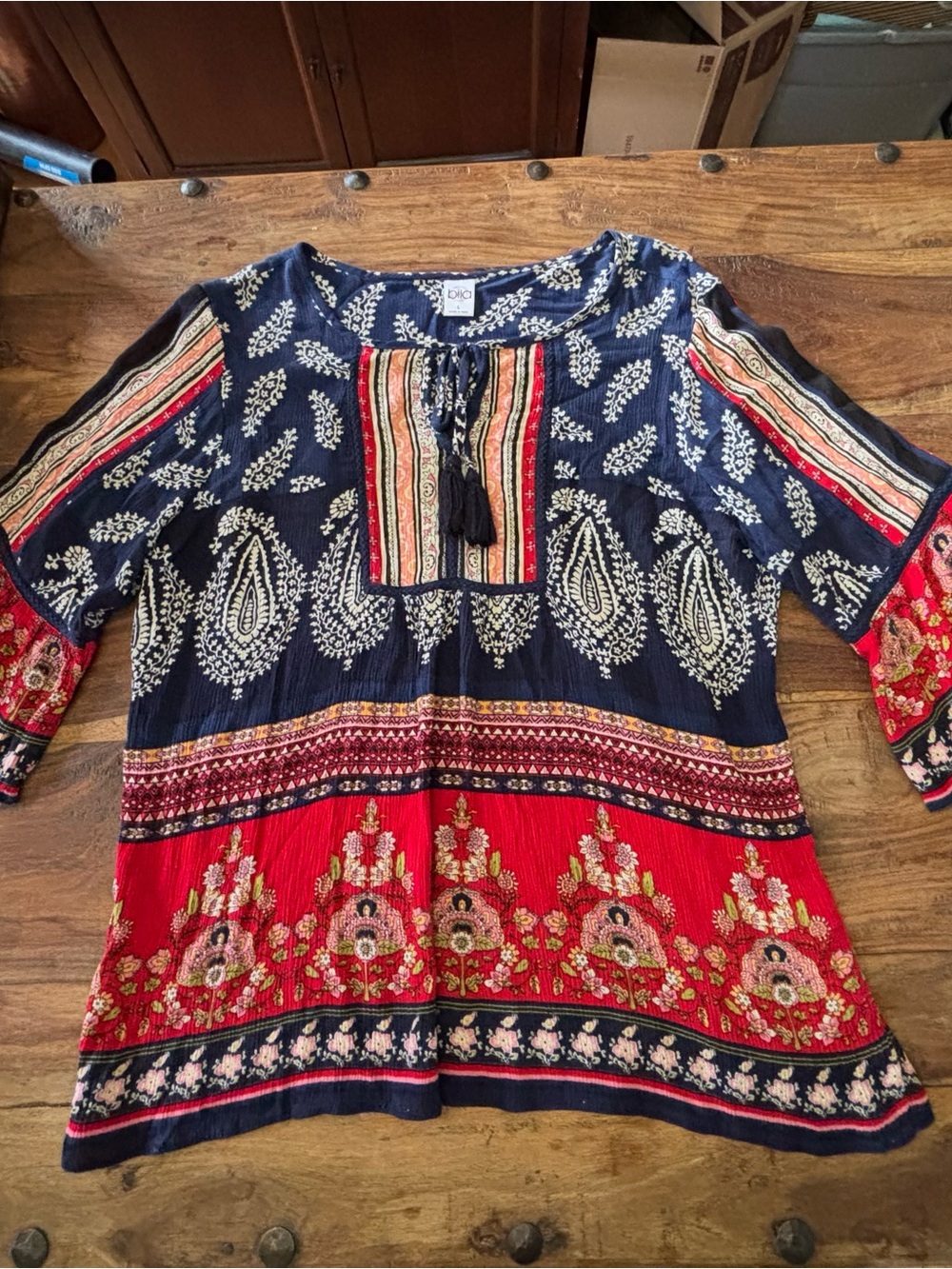 Bila Navy & Red Bohemian Paisley Tie-Front Tunic Top - Picture 6 of 6